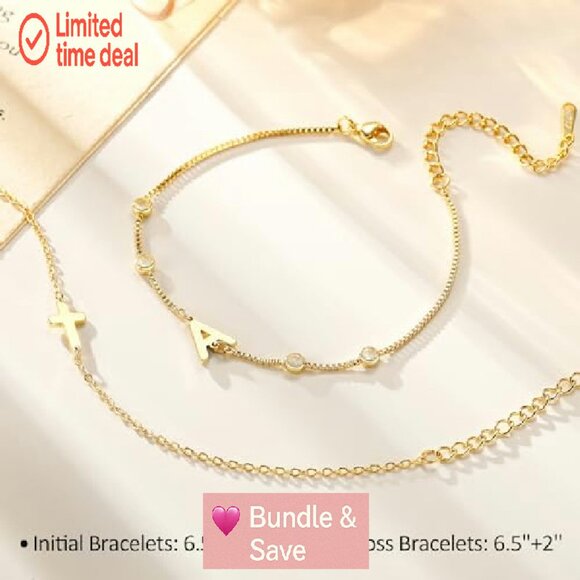 Gold Plated Initial Cross Bracelet Set Adjustable 8.5 Inches - Picture 7 of 8